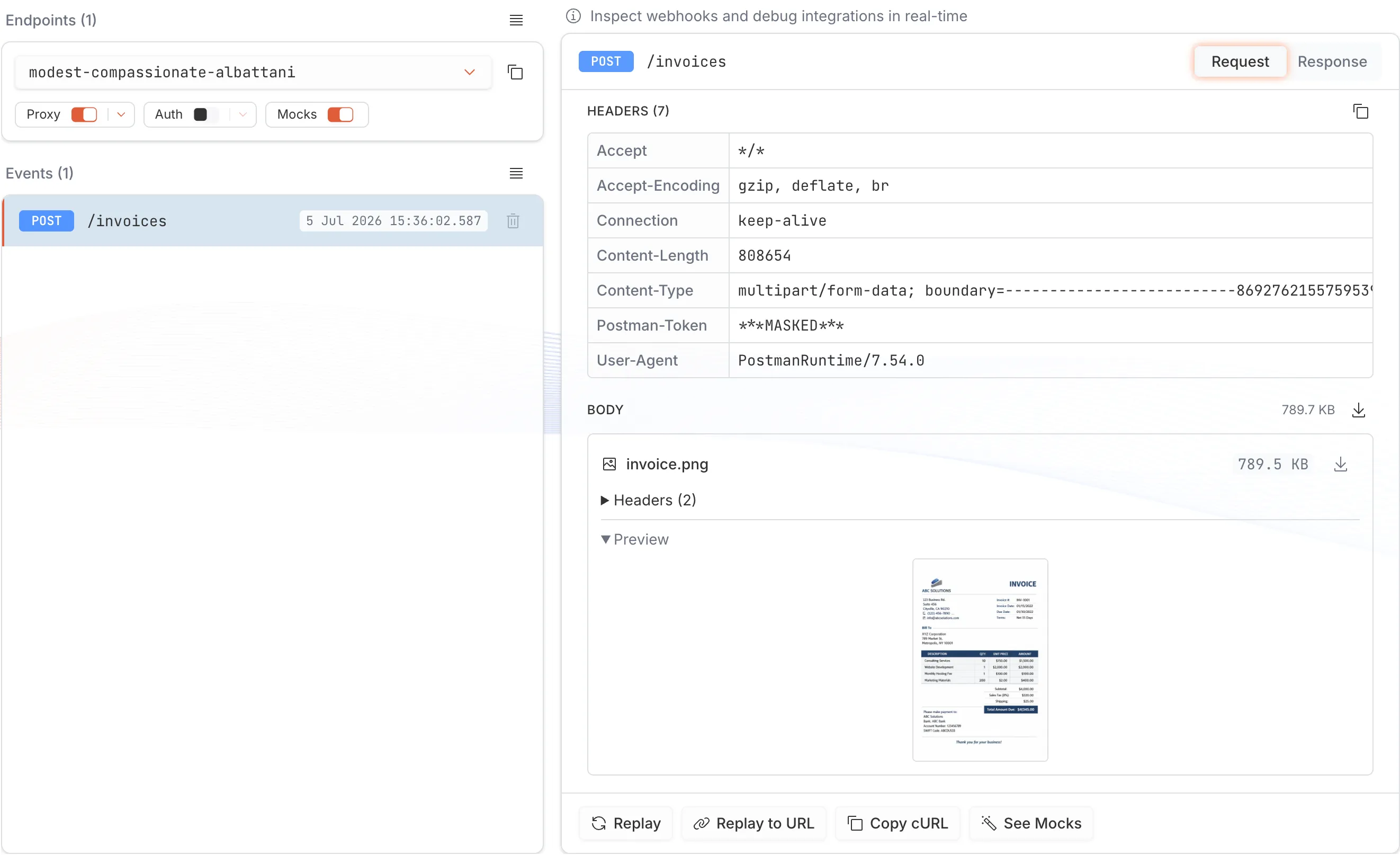 The Requestify app. On the left, an endpoint with Proxy, Auth and Mocks switches above a list of captured events. On the right, a captured POST /invoices request showing its headers and a multipart body with an image preview, plus Replay, Replay to URL, Copy cURL and See Mocks buttons.