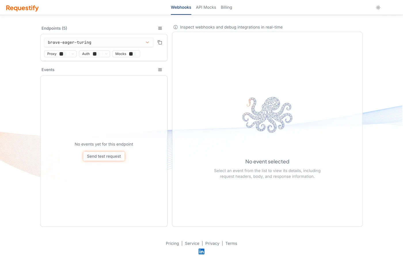 The Requests page right after setup, with the auto-created endpoint selected, an empty event list reading “No events yet for this endpoint”, and a Send test request button.