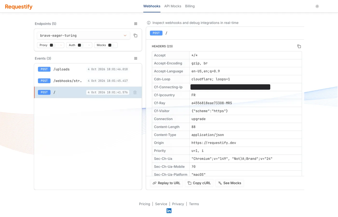 The Requests page with one captured POST request selected, showing its headers and JSON body.
