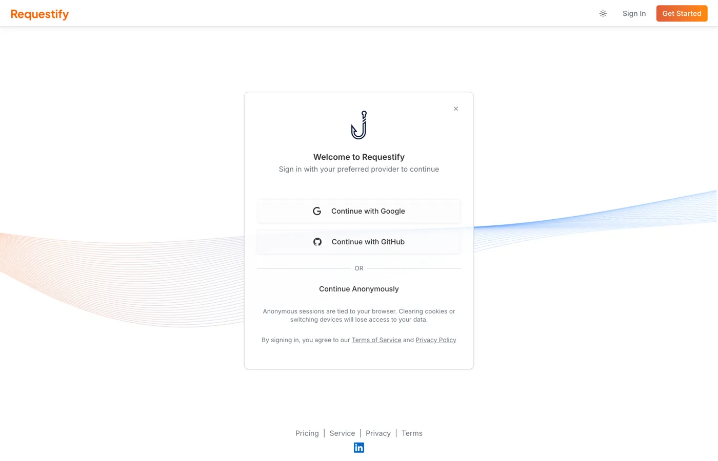 The Requestify sign-in card with Continue with Google, Continue with GitHub and Continue Anonymously buttons.