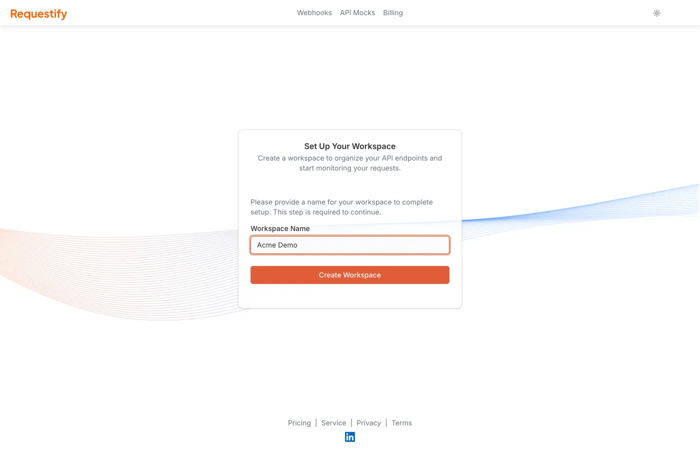 The Set Up Your Workspace form with a workspace name typed in and a Create Workspace button.