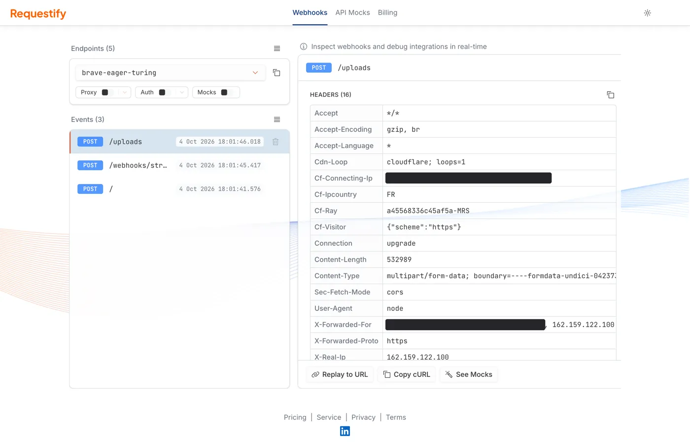 The Auth switch turned on, with its popover showing the Header name and Expected value fields.