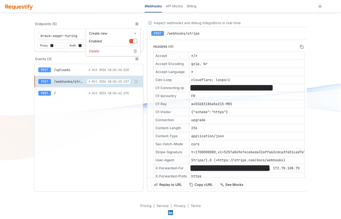 The Endpoints menu open, showing Create new, the Enabled switch and Delete.