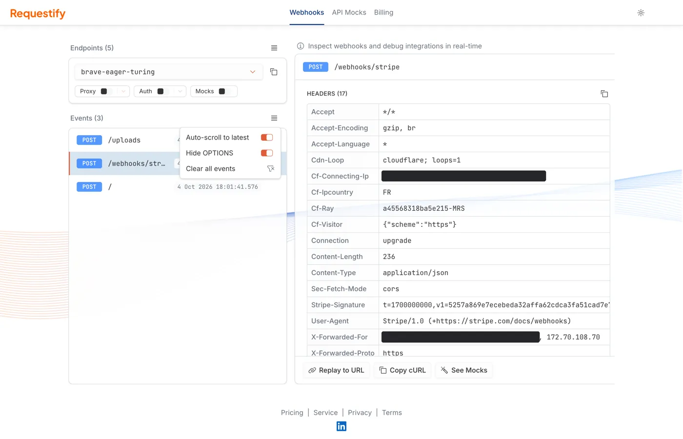 The Events menu open, showing Auto-scroll to latest, Hide OPTIONS and Clear all events.