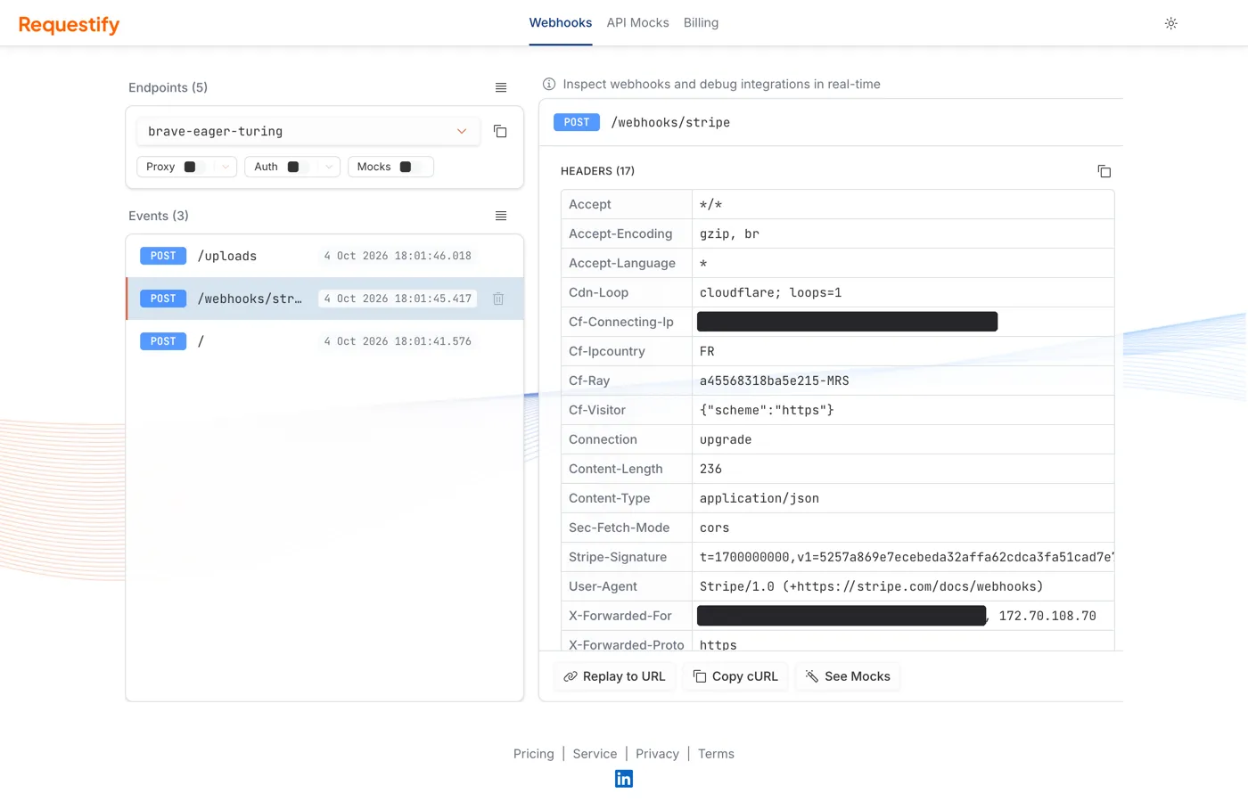 A captured Stripe-style POST request: headers, query parameters, a formatted JSON body, and the Copy cURL and See Mocks buttons along the bottom.