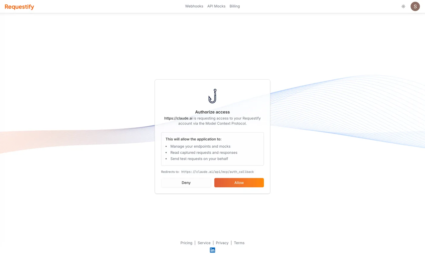 The Authorize access page, naming the requesting application and listing what it will be allowed to do, with Deny and Allow buttons.