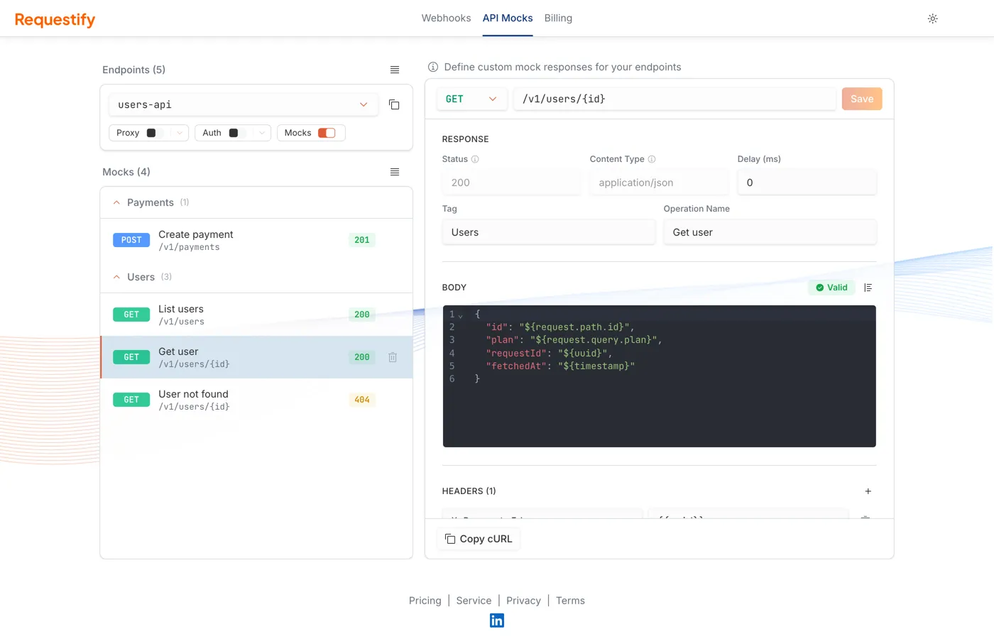 The API Mocks page: an endpoint with Mocks switched on, a list of mocks on the left and one mock open for editing on the right.