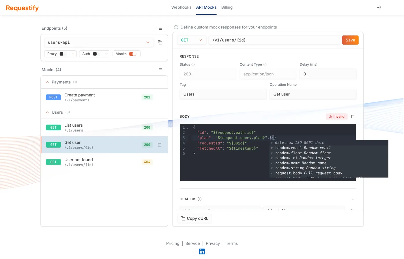 The mock body editor with the template suggestion list open, offering values such as uuid, request.path.id and request.query.