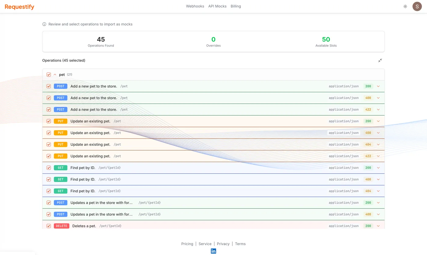 The import preview page with the Operations Found, Overrides and Available Slots counters, and the operations grouped by tag, each with a checkbox, its method, summary, path, content type and response status.