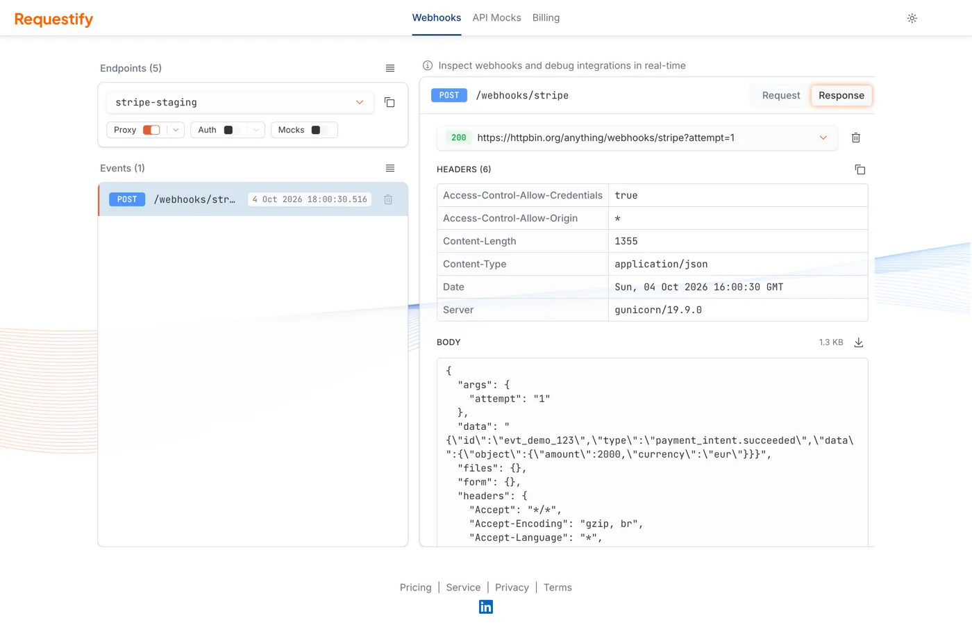 The Response tab of a proxied event, showing the response dropdown with a 200 status, the response headers and a JSON body.