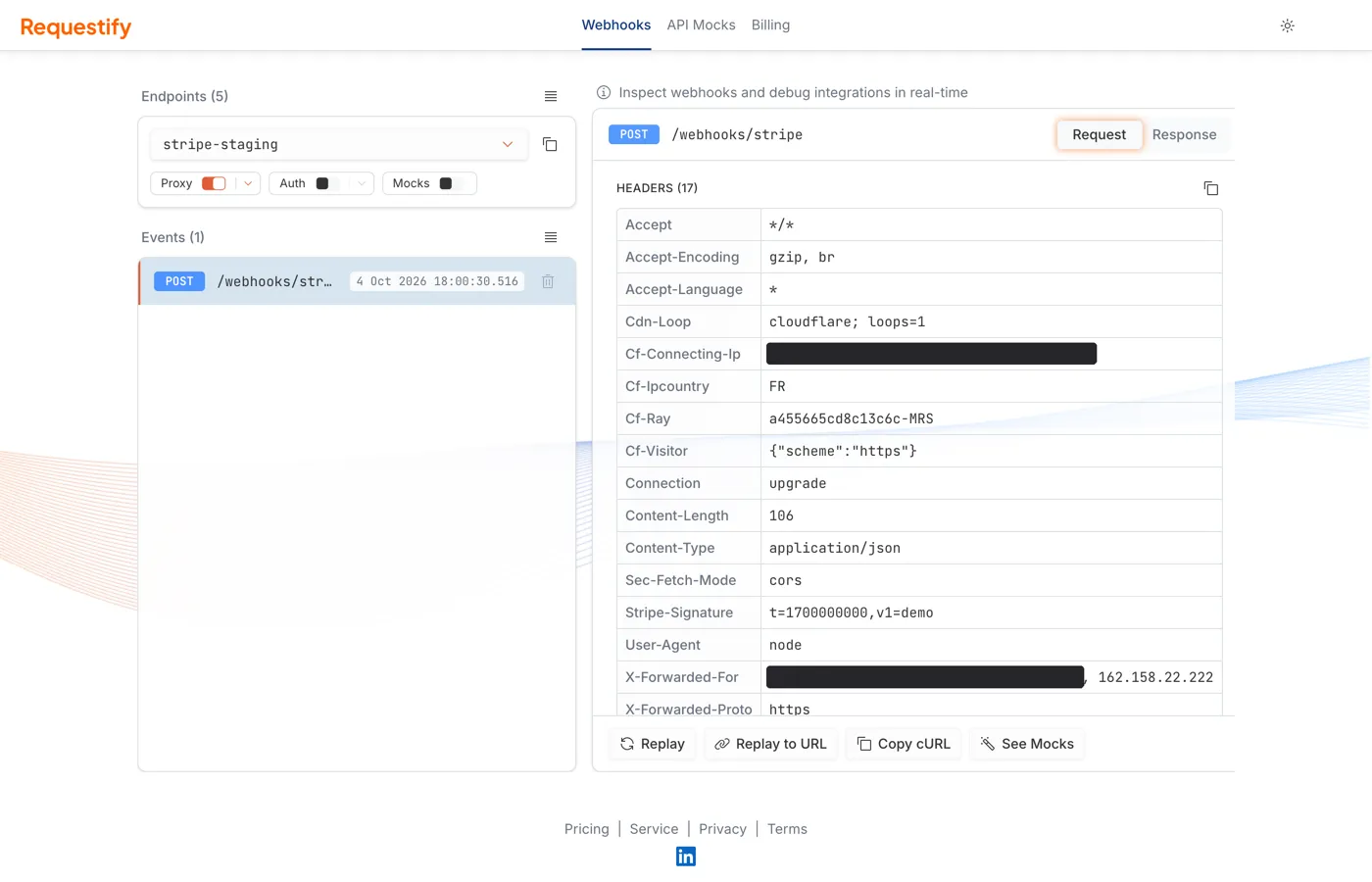 The Proxy switch turned on, with its popover open and a Proxy URL entered.