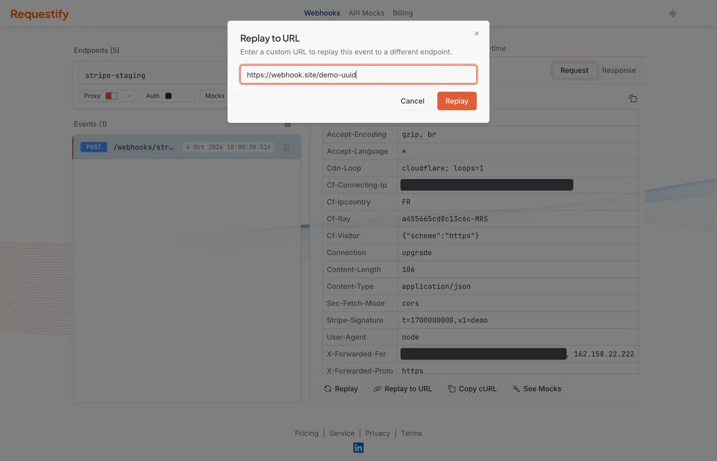 The Replay to URL dialog with a target URL filled in.